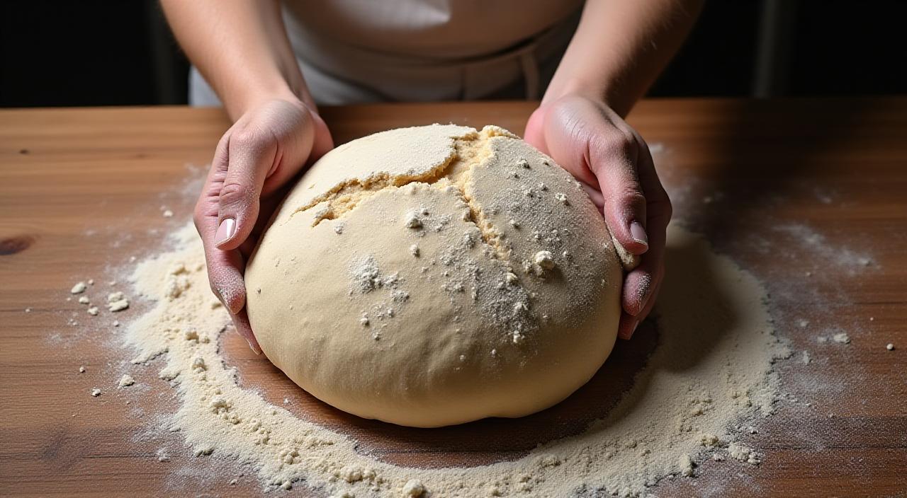 Mani artigiane che lavorano un impasto con grani antichi in un'atmosfera rustica